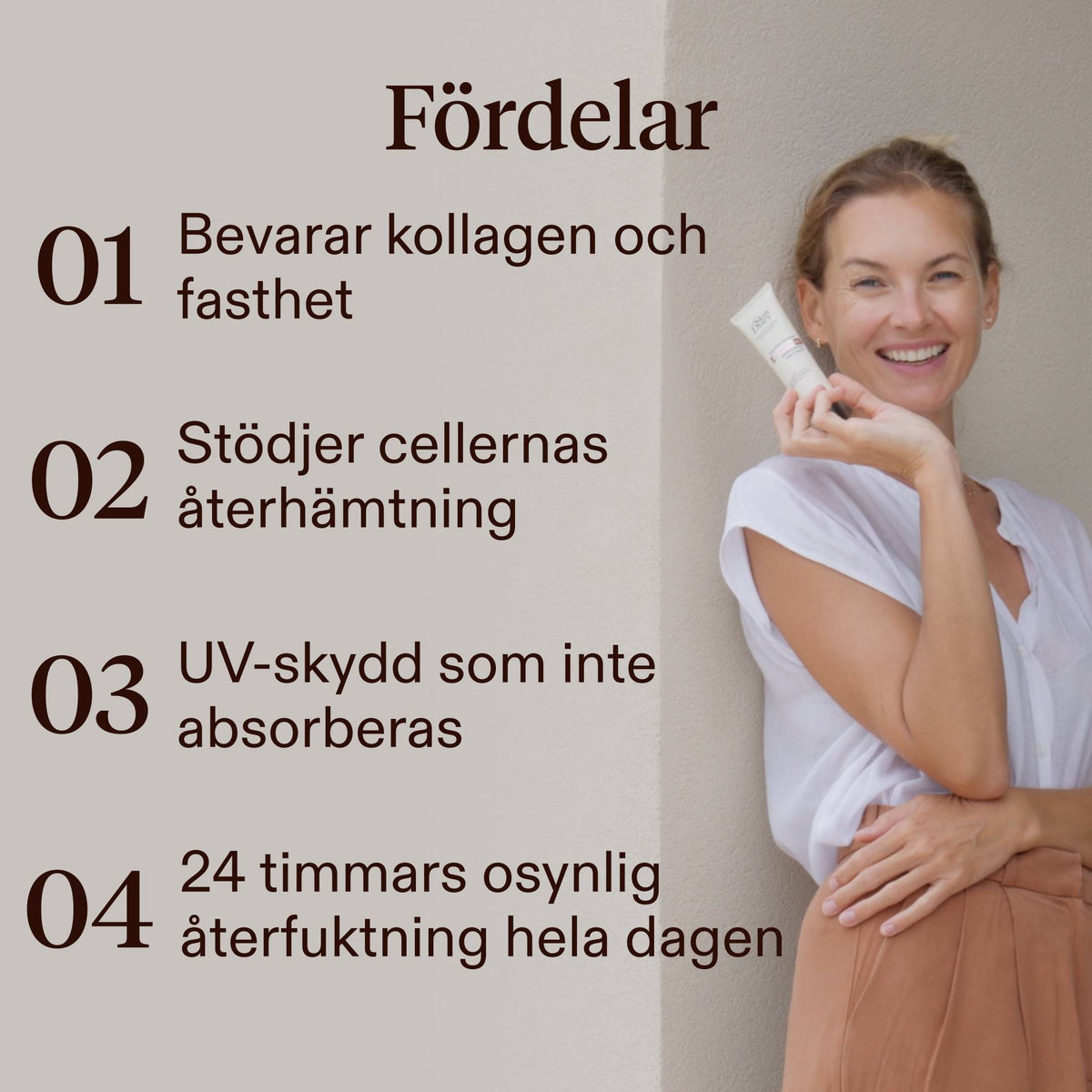 A graphic with the heading 'Benefits' listing four text points about skin benefits. 'Preserves collagen & Firmness', 'Supports cellular recovery', 'non-absorbing UV protection' , and '24hr invisible all day hydration. Alongside a smiling woman holding an Age Defence tube against a plain beige wall.