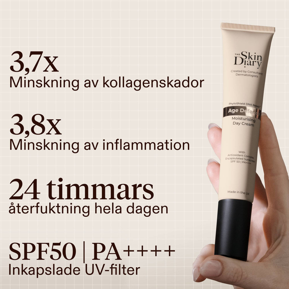 A hand holding a tube of The Skin Diary Age Defrnce Moisturising Day Cream against a light beige background with  text highlighting collagen, inflammation, hydration, and SPF50 protection.