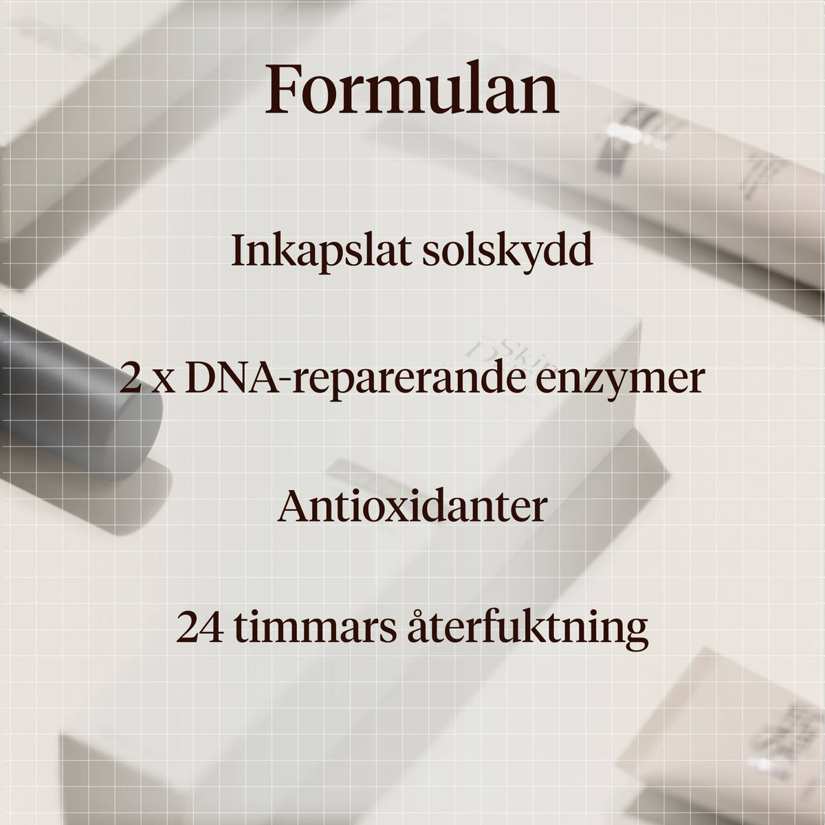 Graphic for Age Defence explaining the formula benefits. 'The Formula,' 'Encapsulated Sunscreen,' '2 x DNA Repair Enzymes,' 'Antioxidants,' and '24hr Hydration,' over a soft-focus background with cosmetic tubes.