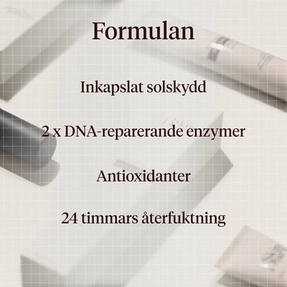 Graphic for Age Defence explaining the formula benefits. 'The Formula,' 'Encapsulated Sunscreen,' '2 x DNA Repair Enzymes,' 'Antioxidants,' and '24hr Hydration,' over a soft-focus background with cosmetic tubes.