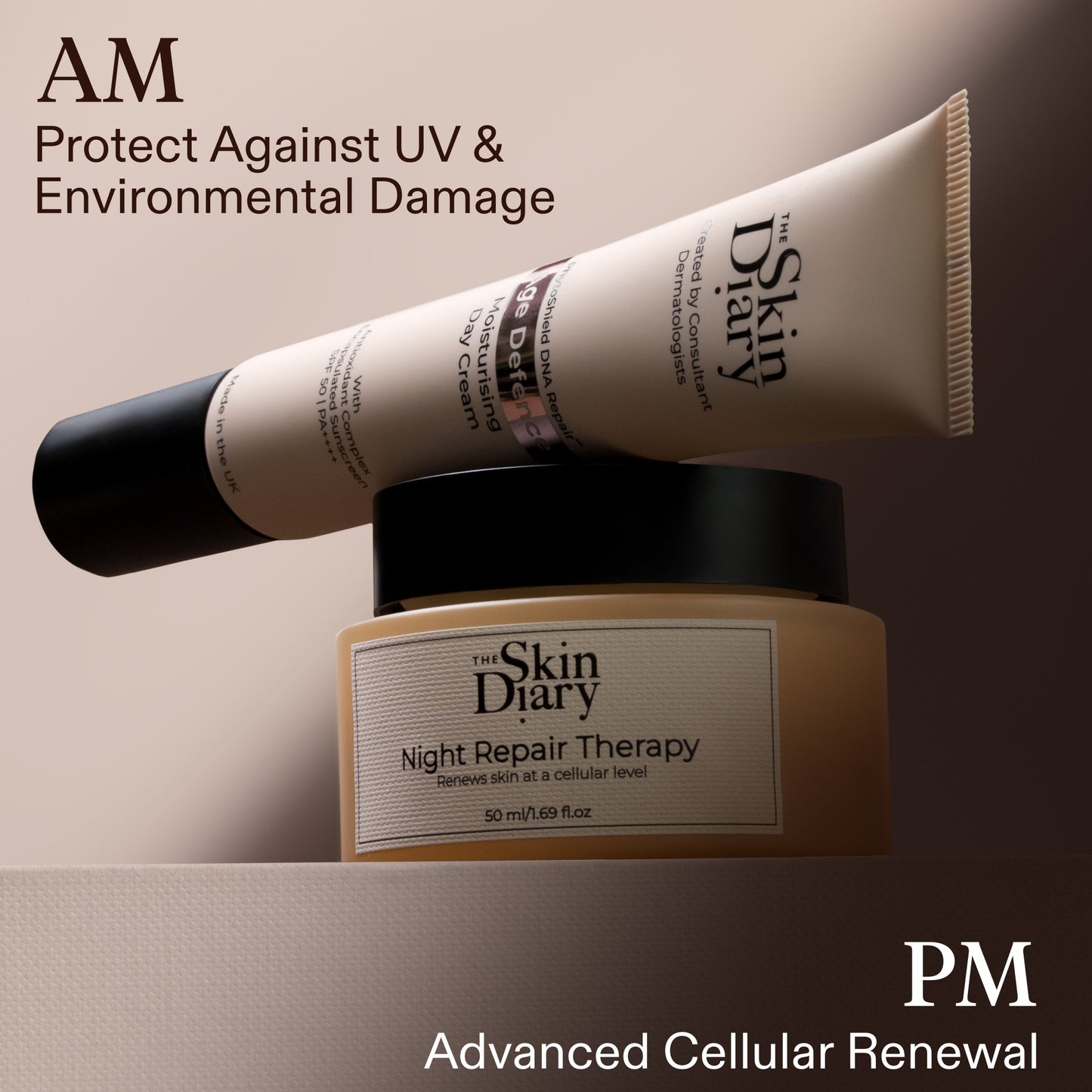 Two  products from The Skin Diary are displayed against a warm beige background. The lower product is a beige jar with a black lid labeled 'Night Repair Therapy', and the upper product is aAge Defence tube with a black cap labeled. The graphic hilights the skincare simplified approach in two products.