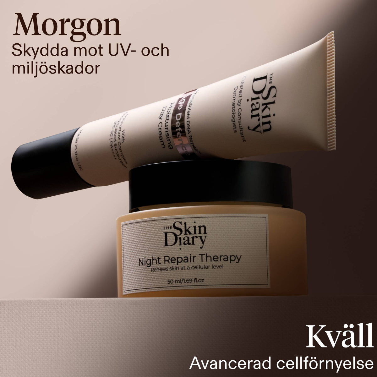 Two  products from The Skin Diary are displayed against a warm beige background. The lower product is a beige jar with a black lid labeled 'Night Repair Therapy', and the upper product is aAge Defence tube with a black cap labeled. The graphic hilights the skincare simplified approach in two products.