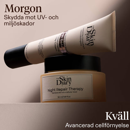 Two  products from The Skin Diary are displayed against a warm beige background. The lower product is a beige jar with a black lid labeled 'Night Repair Therapy', and the upper product is aAge Defence tube with a black cap labeled. The graphic hilights the skincare simplified approach in two products.