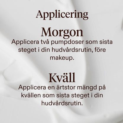 Instructional graphic with the heading 'How to Use' and text showing AM and PM skincare application: apply two pumps as the last step in your skincare routine before makeup, on a soft white background.