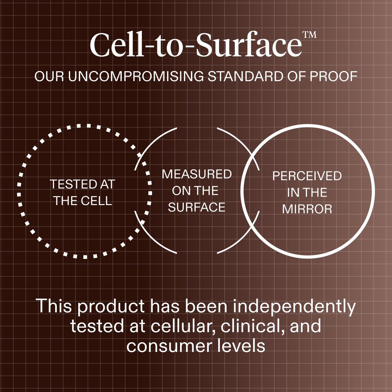 A dark brown graphic communicating The Skin Diary 'Cell-to-Surface' standard. 'Tested at the Cell', 'Measured on the Surface', and 'Perceived in the Mirror'. The product was tested by all three tiers