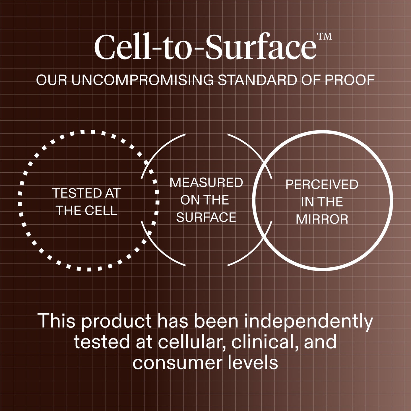 A dark brown graphic communicating The Skin Diary 'Cell-to-Surface' standard. 'Tested at the Cell', 'Measured on the Surface', and 'Perceived in the Mirror'. The product was tested by all three tiers