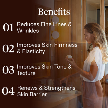 Benefits graphic with text listing skin benefits: reduces fine lines and wrinkles, improves skin firmness and elasticity, improves skin tone and texture, and renews and strengthens skin barrier, over a lifestyle photo of a woman applying skincare in a bathroom.