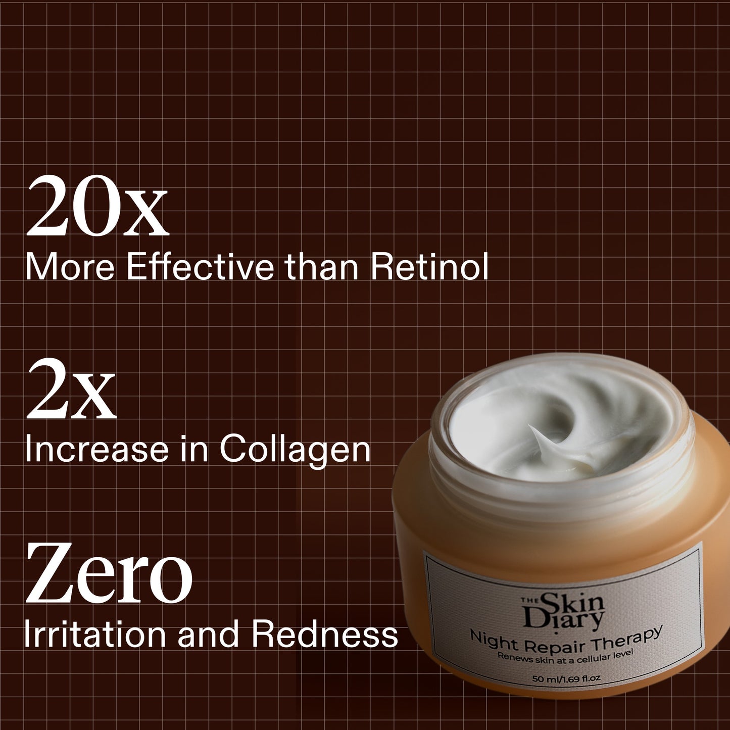 A jar of The Skin Diary Night Repair Therapy cream shown on a dark brown background with text highlighting benefits over retinol and increased collagen.