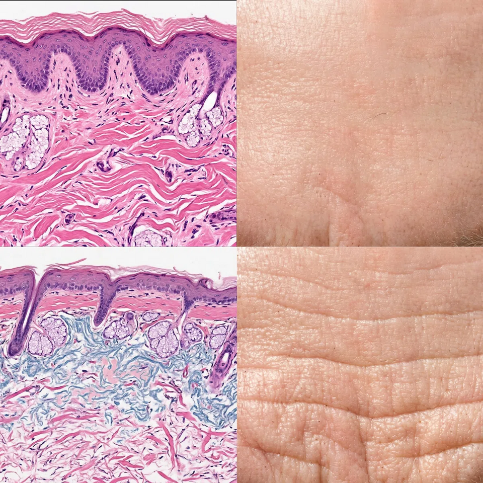 A simulation of H&E stained histology of facial skin showing the skin structure of healthy skin and aged skin.